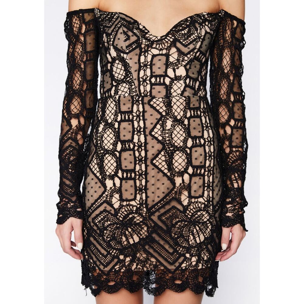 BARDOT Women's Zendaya Mini Lace Dress Large Black Nude Off Shoulder NWT - Picture 3 of 13